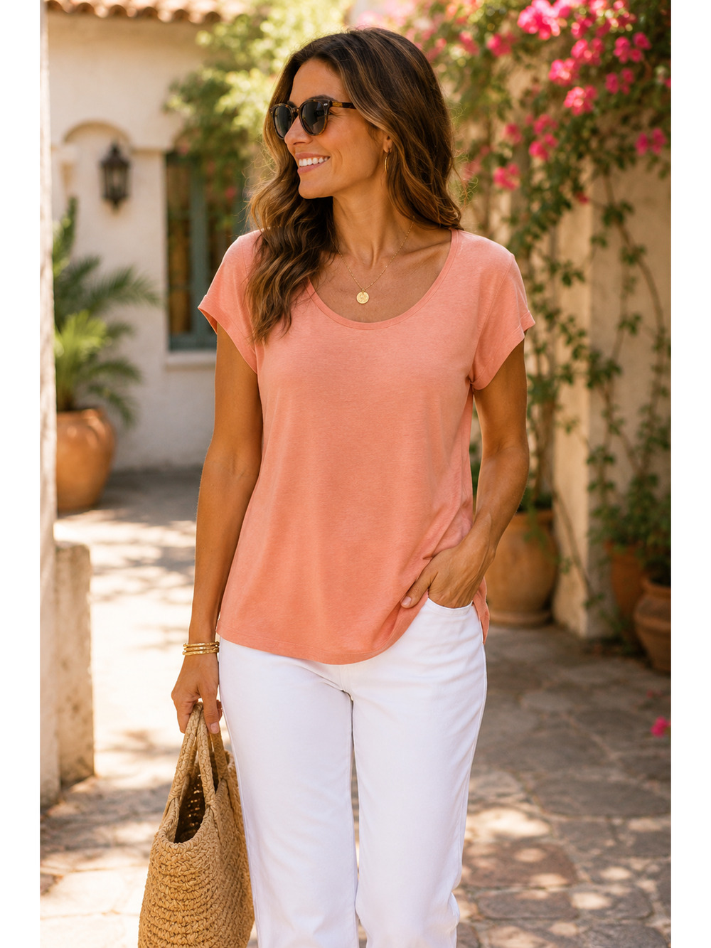 Ann Taylor Coral Pink Scoop Neck T Women’s Size L Soft Draped Cap Sleeve Coastal